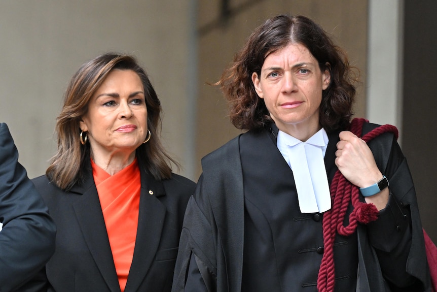 Lisa walks in a blouse and blazer next to Sue, who is wearing a court robe.