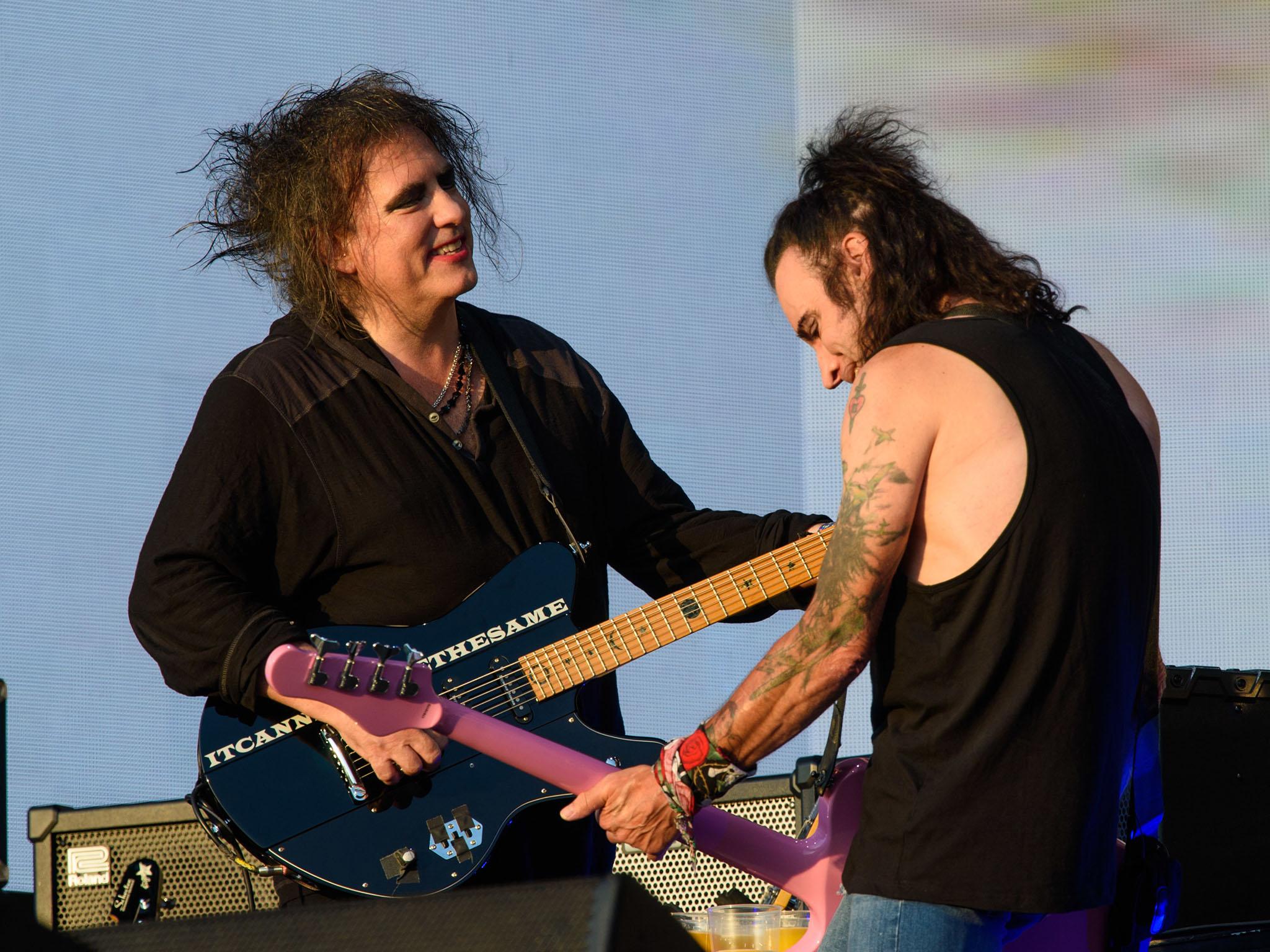 Smith and Simon Gallup performing at The Cure's headline show at the British Summer Time Festival, Hyde Park, July 2018